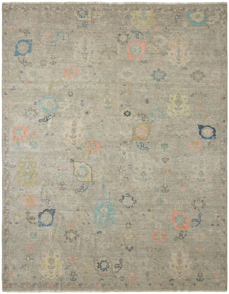 Transitional hand-knotted wool rug in gray and beige, full view