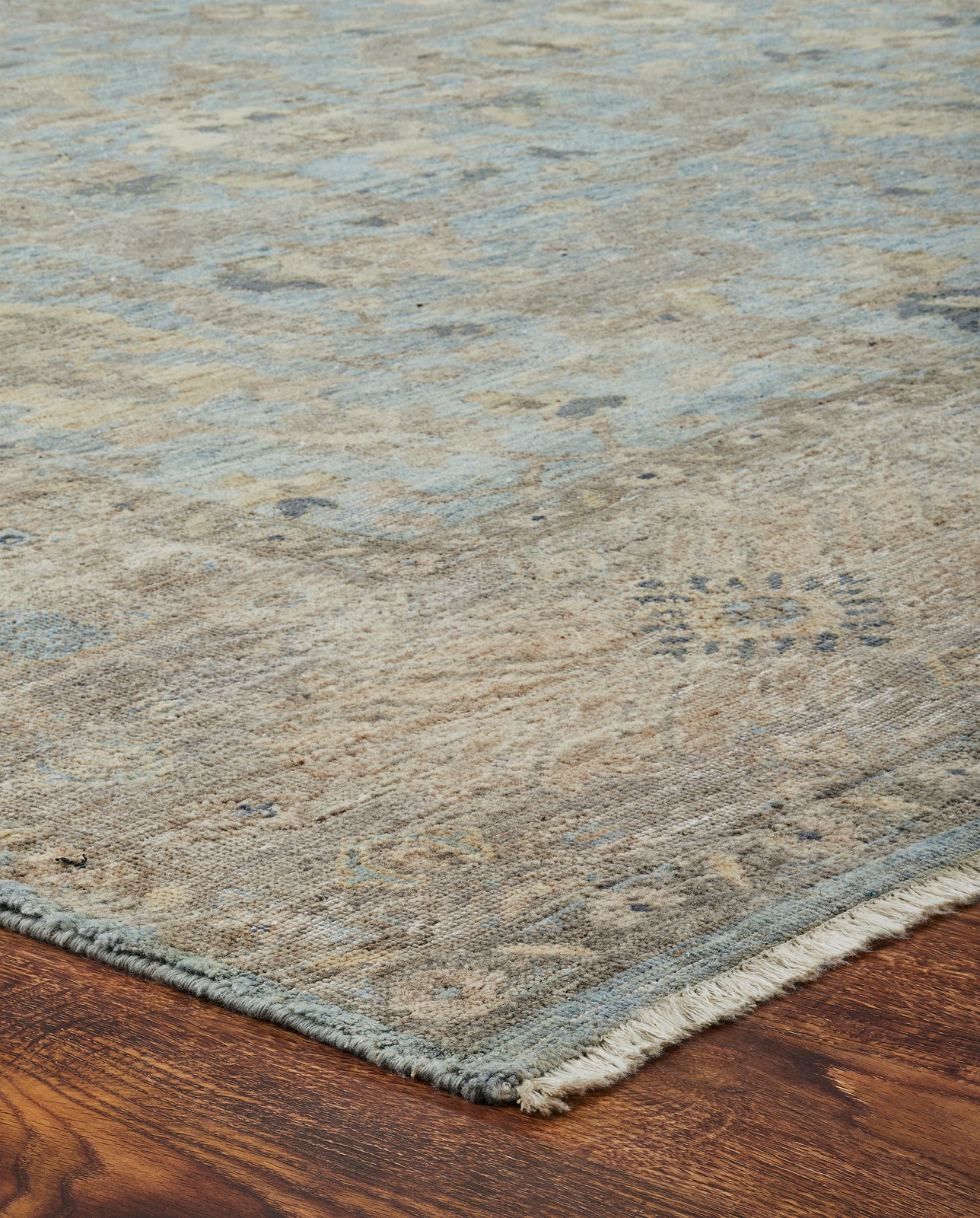 Rectangle shape option, transitional wool rug in gray and blue