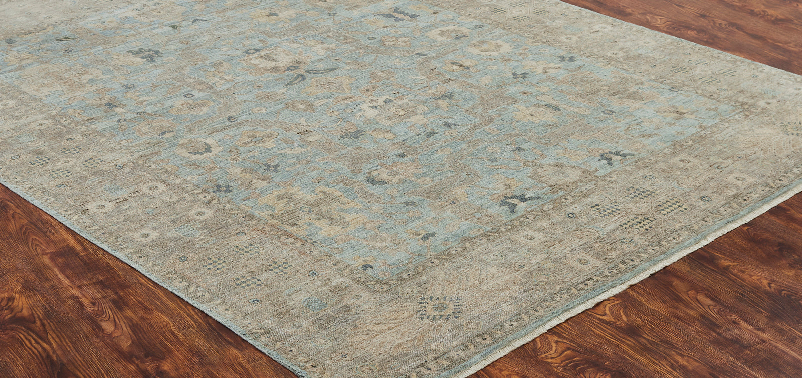 Round shape option, transitional wool rug in gray and blue
