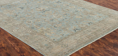 Round shape option, transitional wool rug in gray and blue