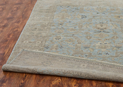 Square shape option, transitional wool rug in gray and blue