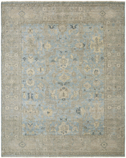 Transitional hand-knotted wool rug in gray and blue, full view