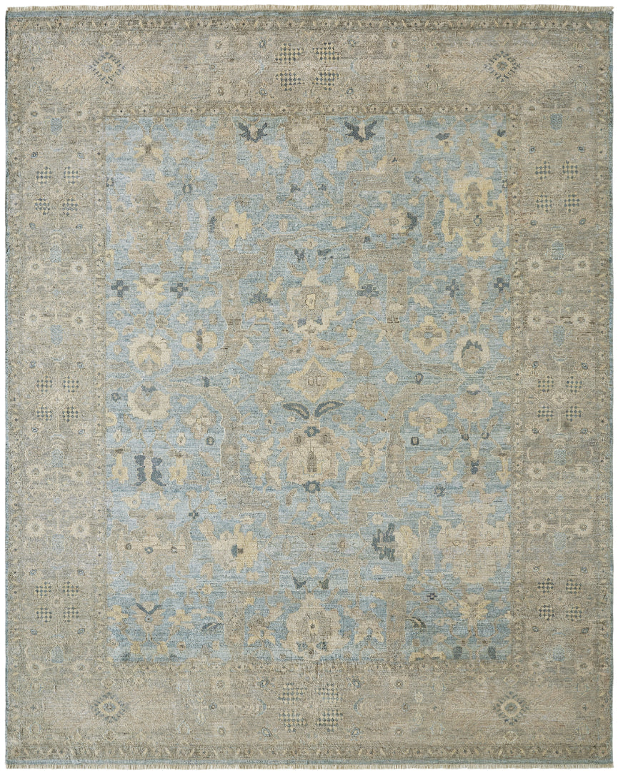 Transitional hand-knotted wool rug in gray and blue, full view