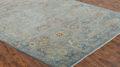 Round shape option, transitional wool rug in blue and gray