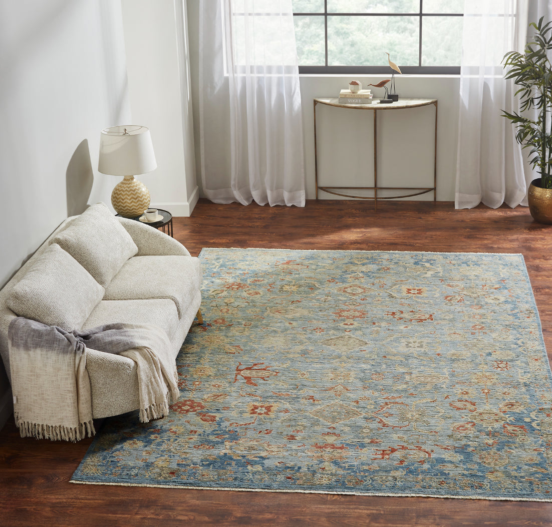 Square shape option, transitional wool rug in blue and gray