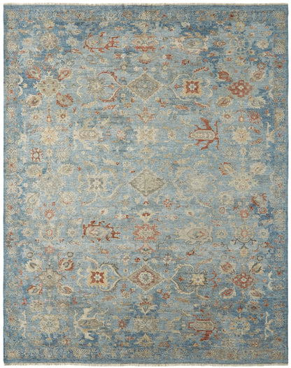 Transitional hand-knotted wool rug in blue and gray, full view