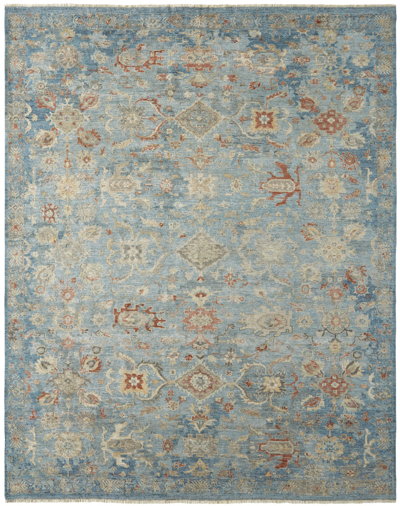 Transitional hand-knotted wool rug in blue and gray, full view