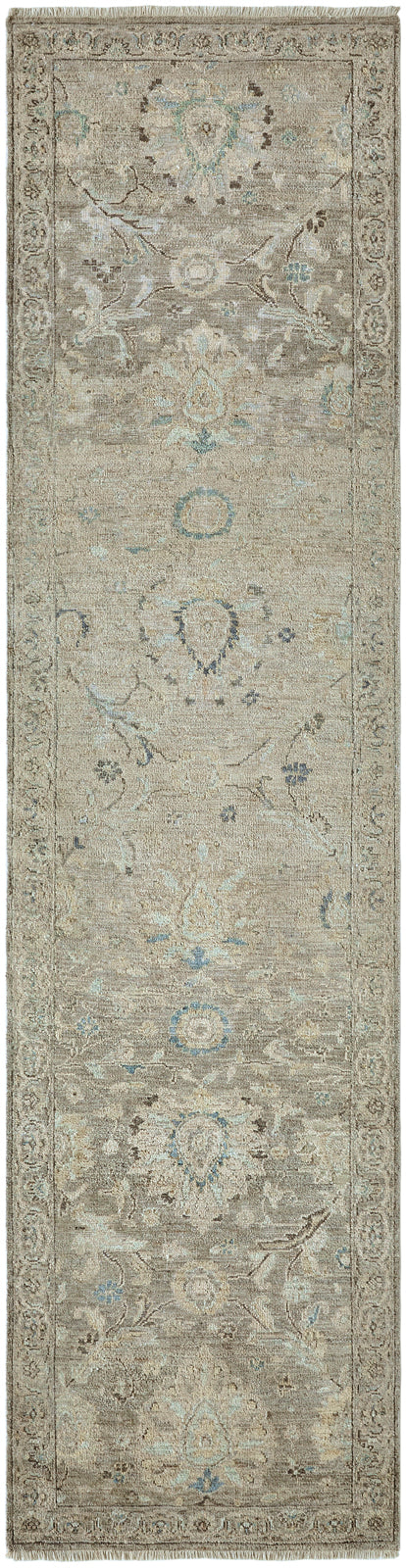 Corner detail, transitional wool rug in gray and beige