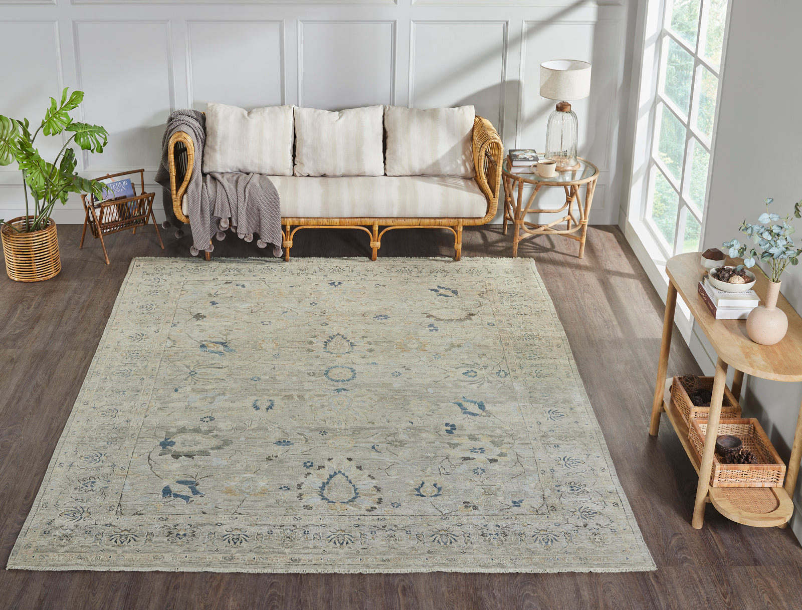 Gray and beige transitional wool rug in room setting