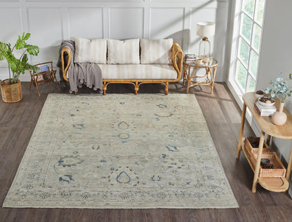 Gray and beige transitional wool rug in room setting