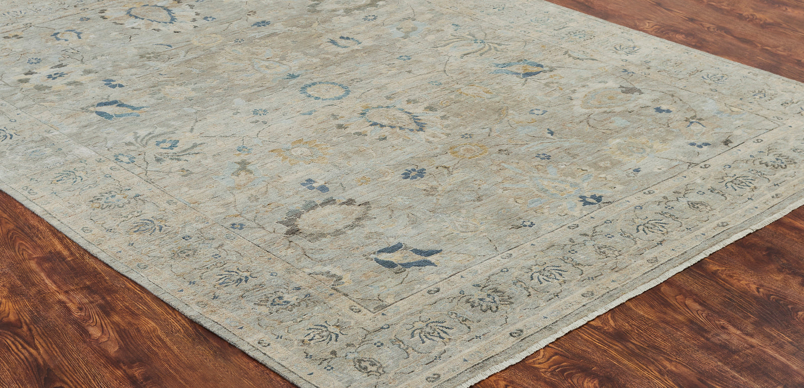 Round shape option, transitional wool rug in gray and beige