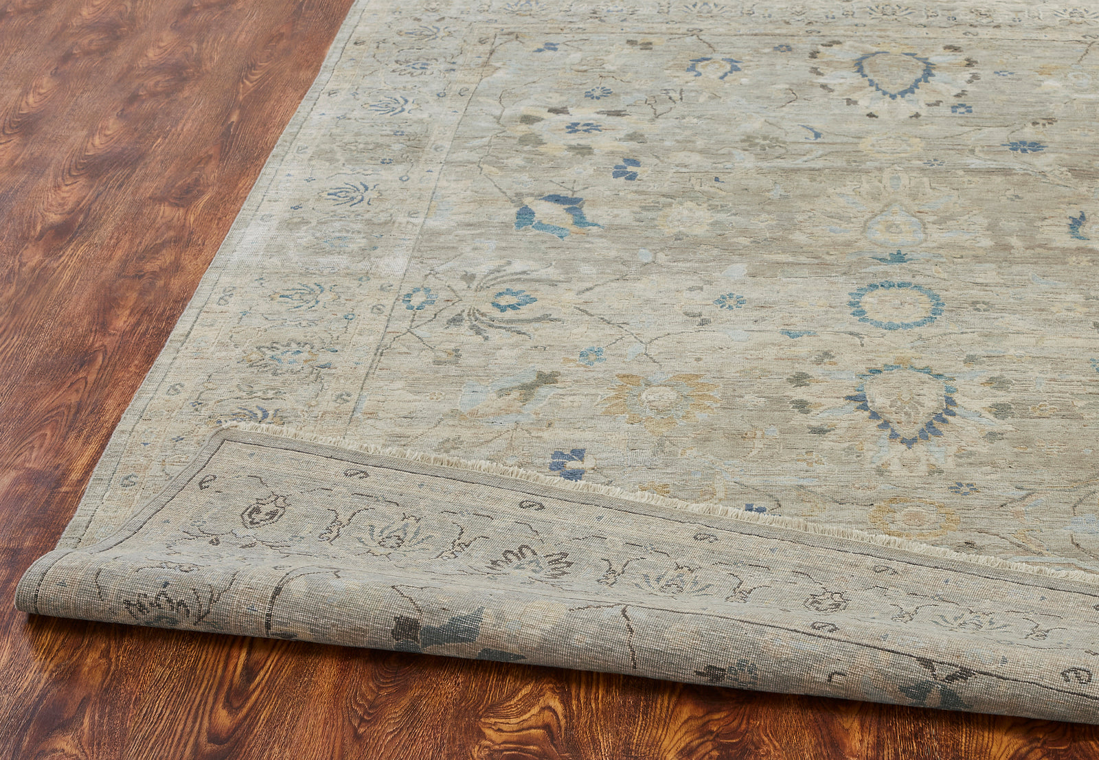 Square shape option, transitional wool rug in gray and beige