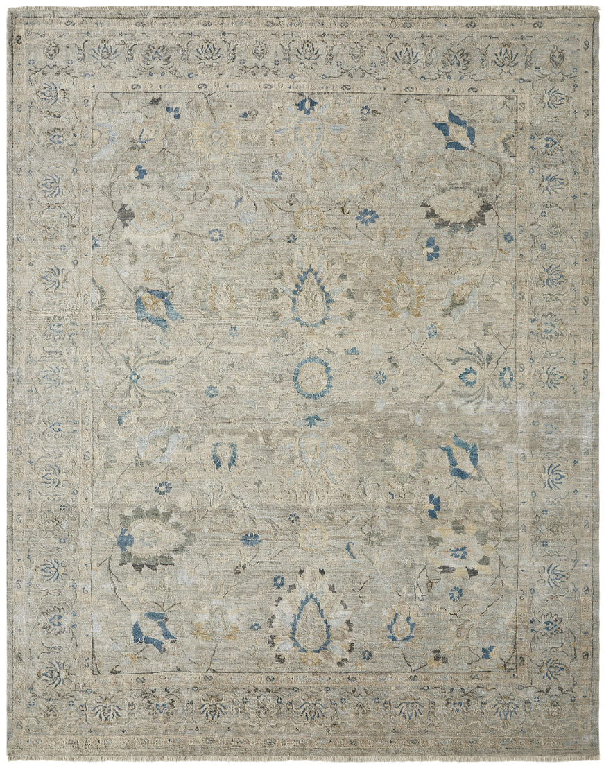 Transitional hand-knotted wool rug in gray and beige, full view