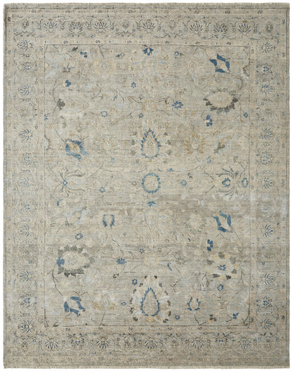 Transitional hand-knotted wool rug in gray and beige, full view