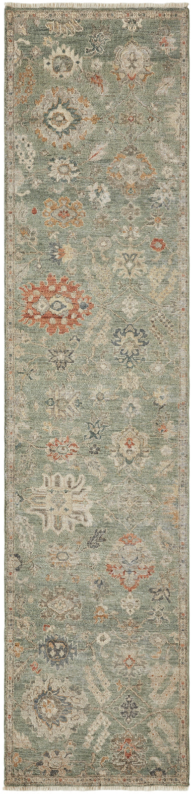Corner detail, transitional wool rug in gray and beige