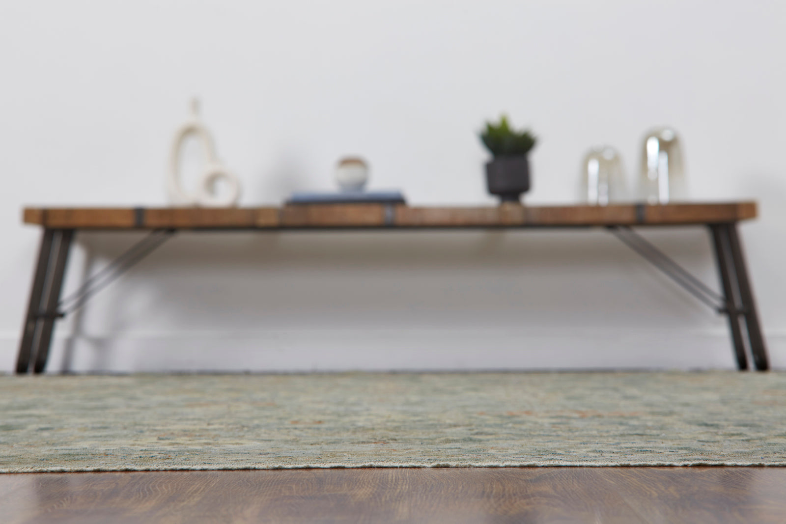Gray and beige transitional wool rug in room setting