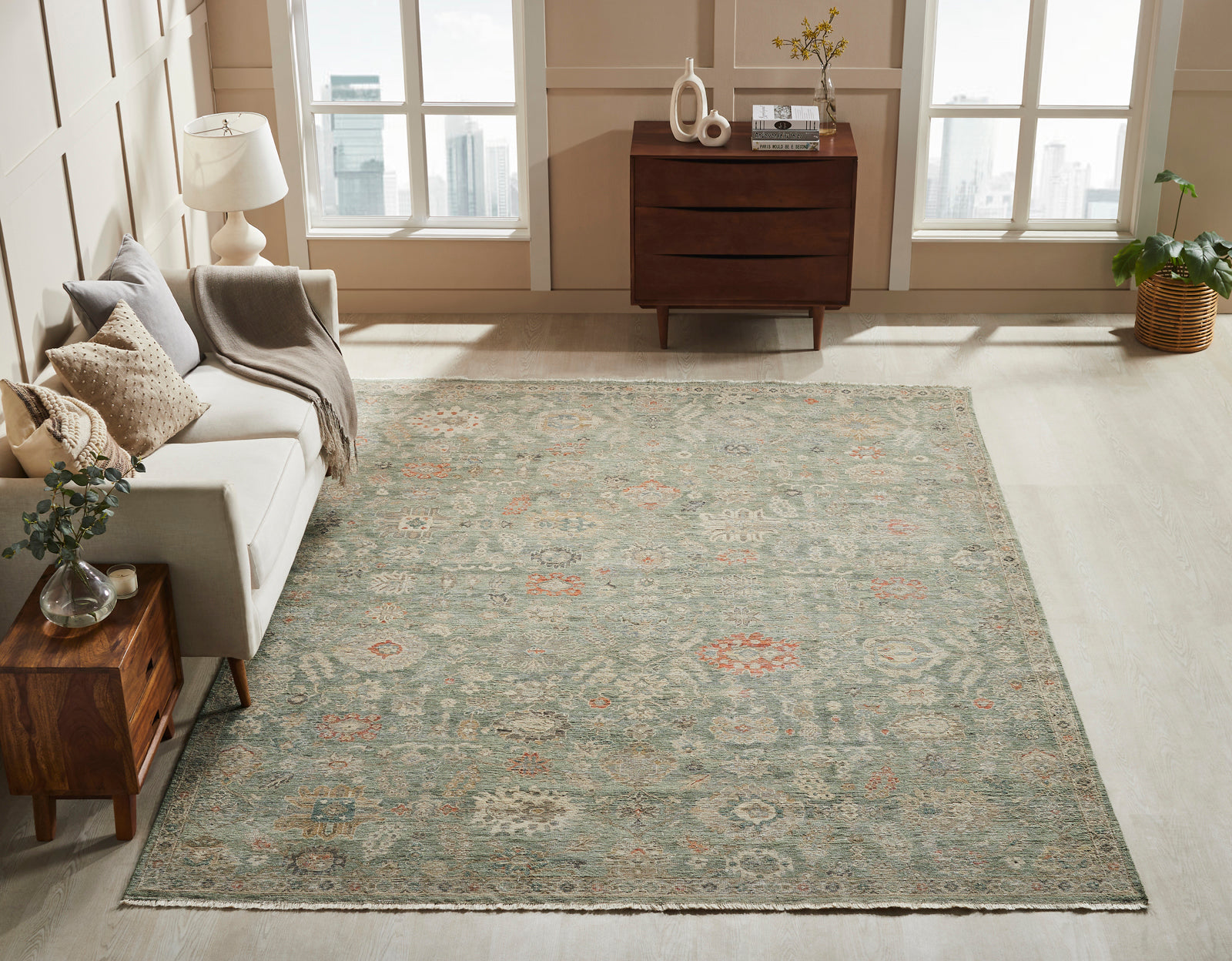 Square shape option, transitional wool rug in gray and beige
