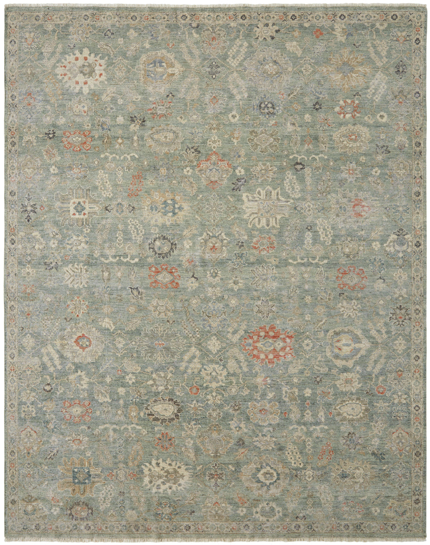 Transitional hand-knotted wool rug in gray and beige, full view