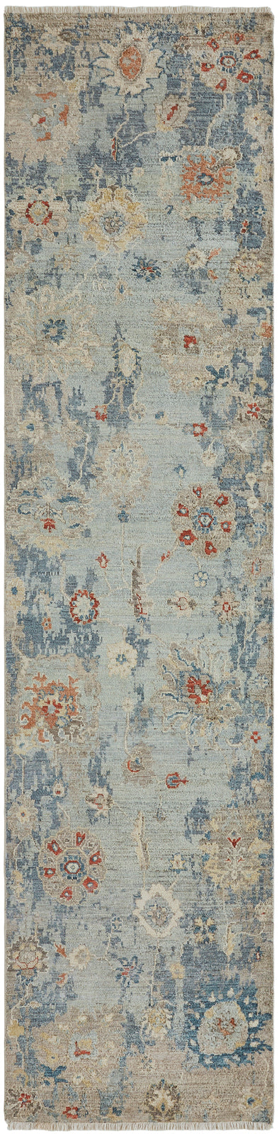 Corner detail, transitional wool rug in blue and gray