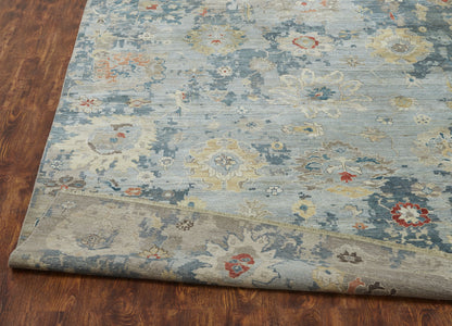 Rectangle shape option, transitional wool rug in blue and gray