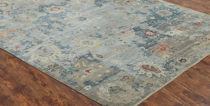 Round shape option, transitional wool rug in blue and gray