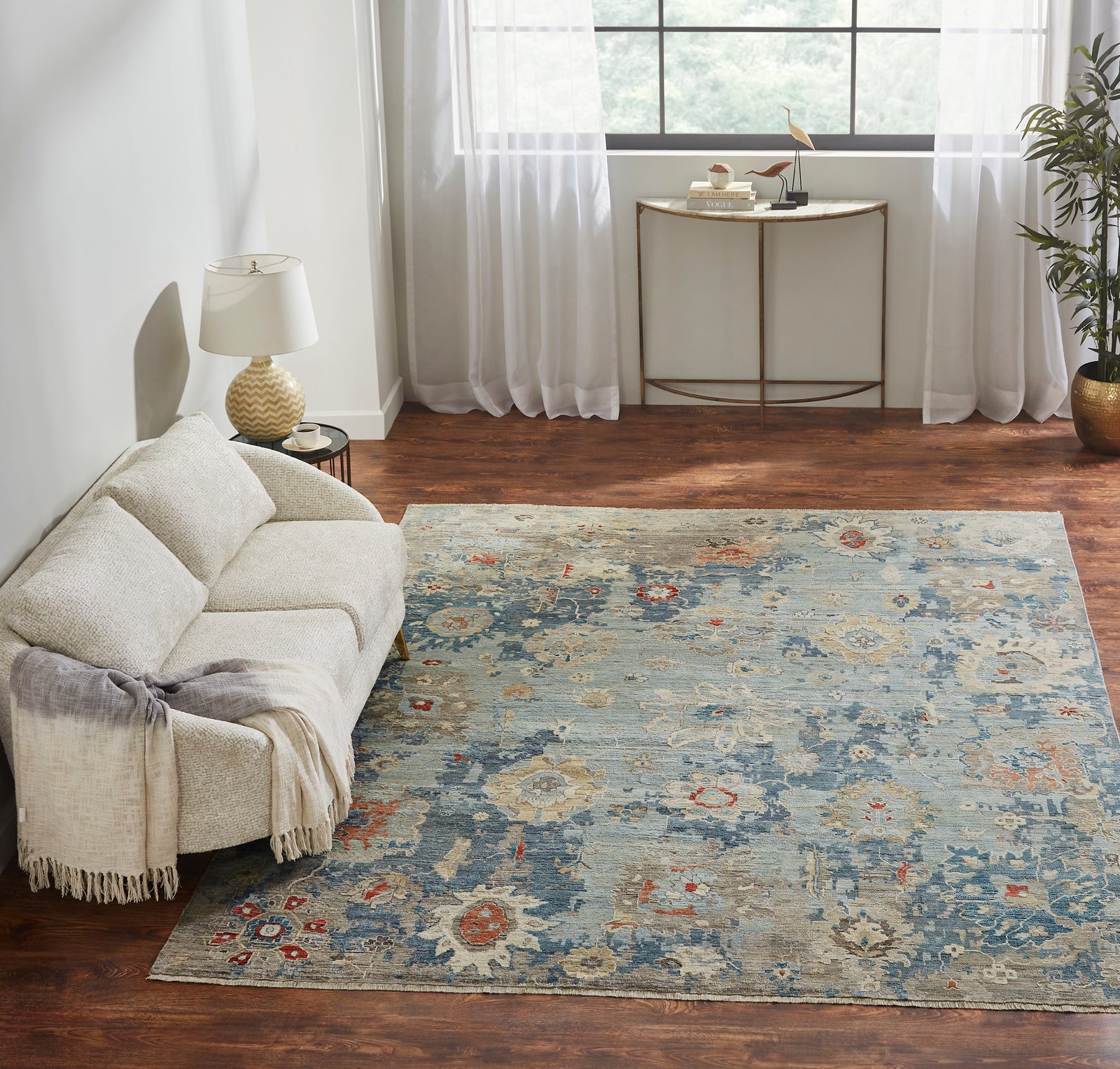 Square shape option, transitional wool rug in blue and gray