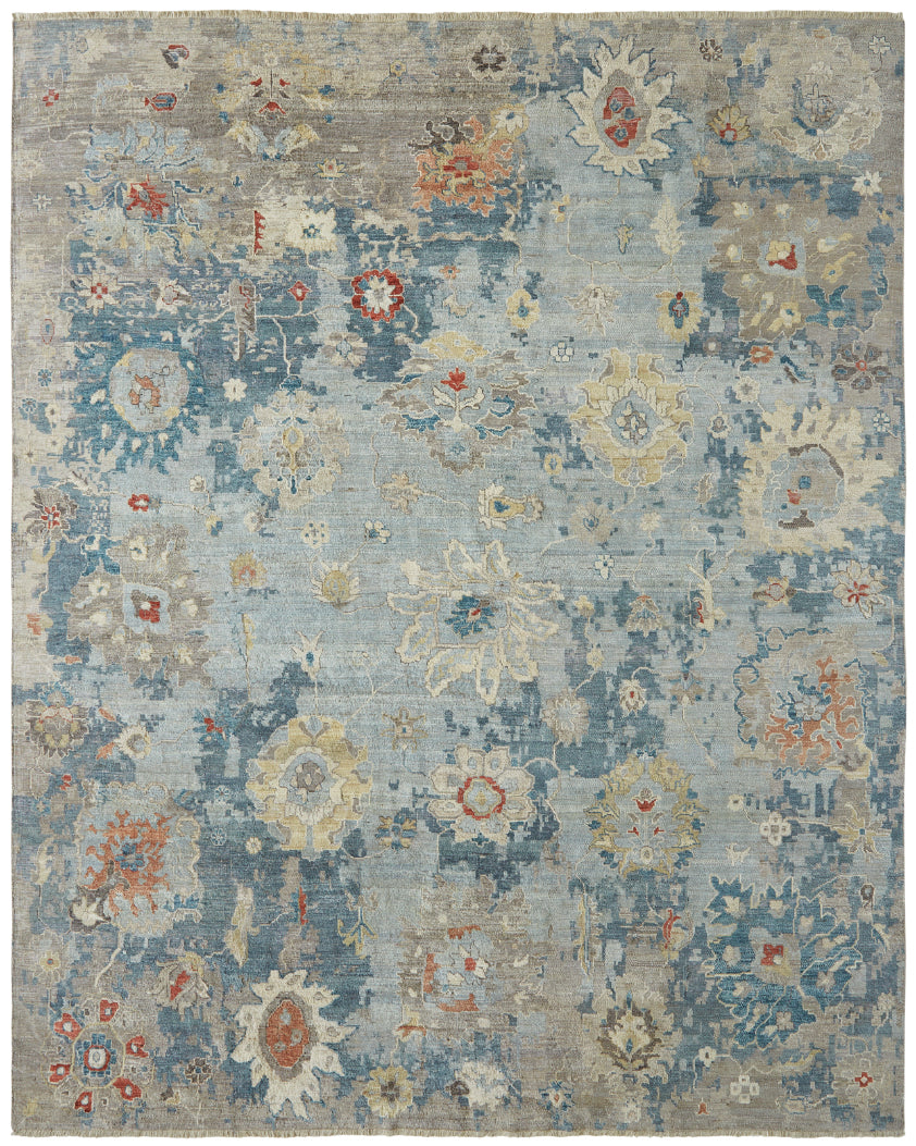 Transitional hand-knotted wool rug in blue and gray, full view