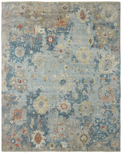 Transitional hand-knotted wool rug in blue and gray, full view