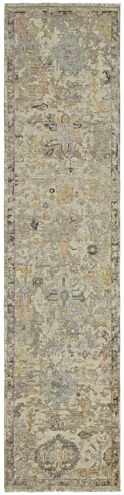 Corner detail, transitional wool rug in gray and beige
