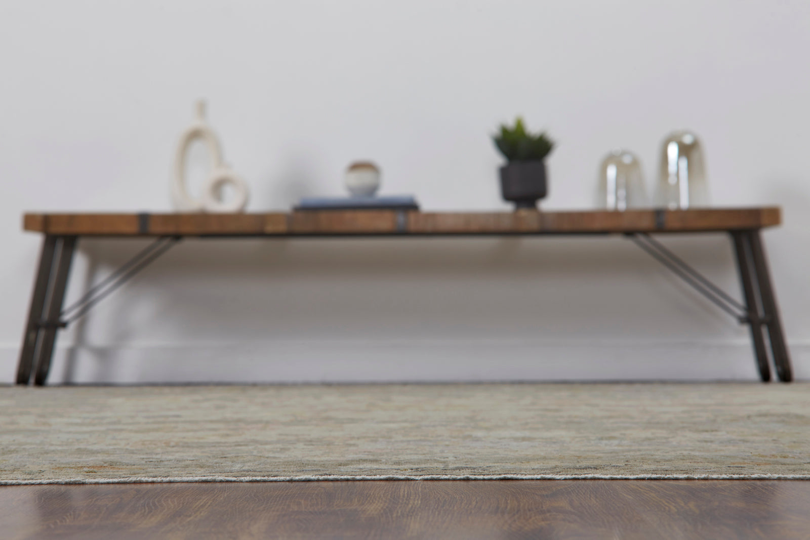 Gray and beige transitional wool rug in room setting