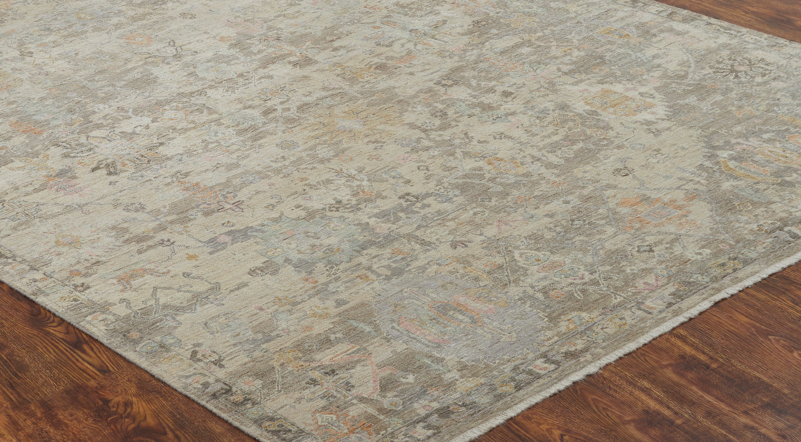 Round shape option, transitional wool rug in gray and beige