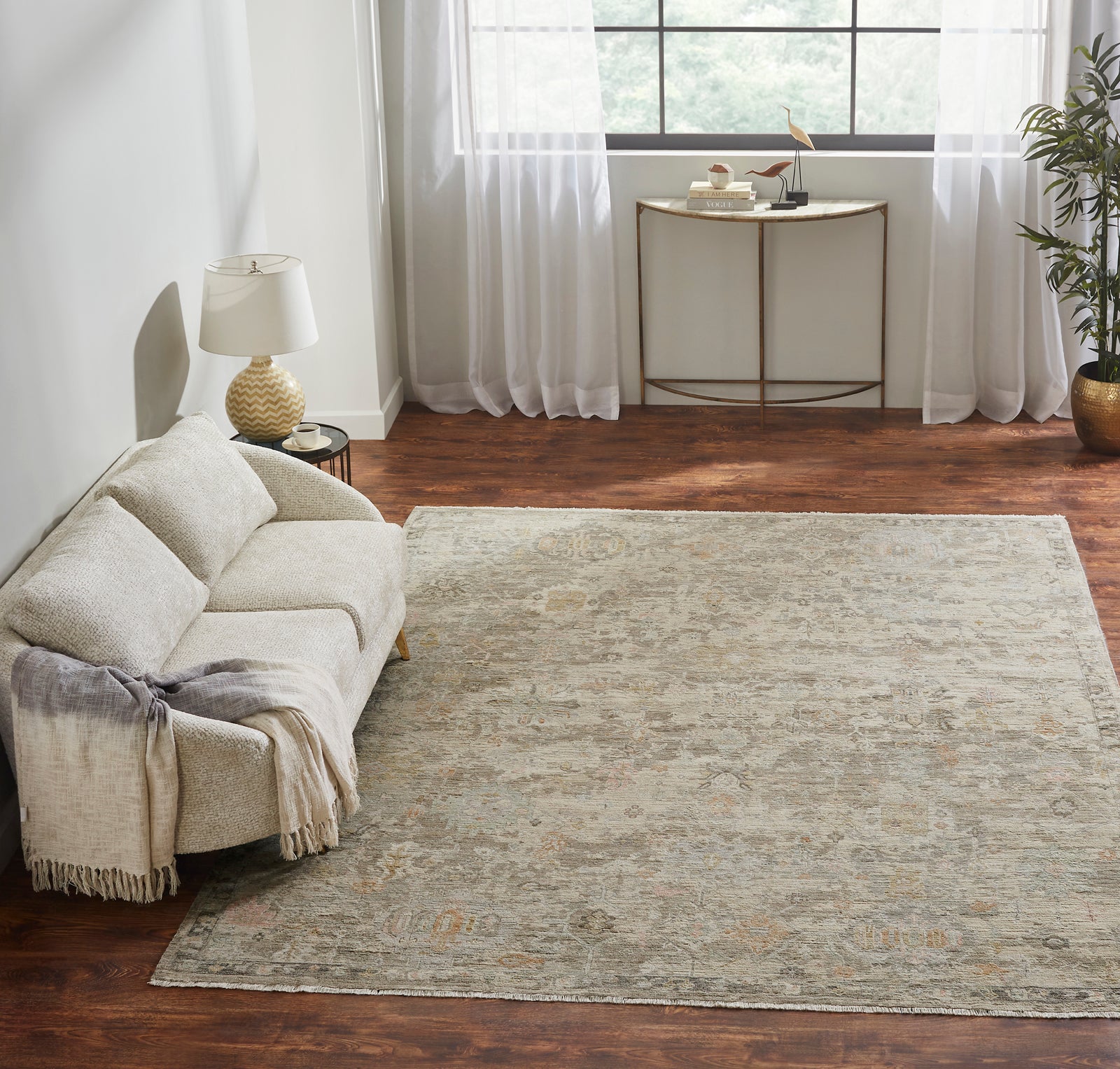 Square shape option, transitional wool rug in gray and beige