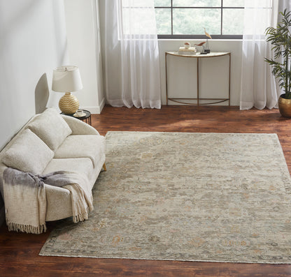 Square shape option, transitional wool rug in gray and beige