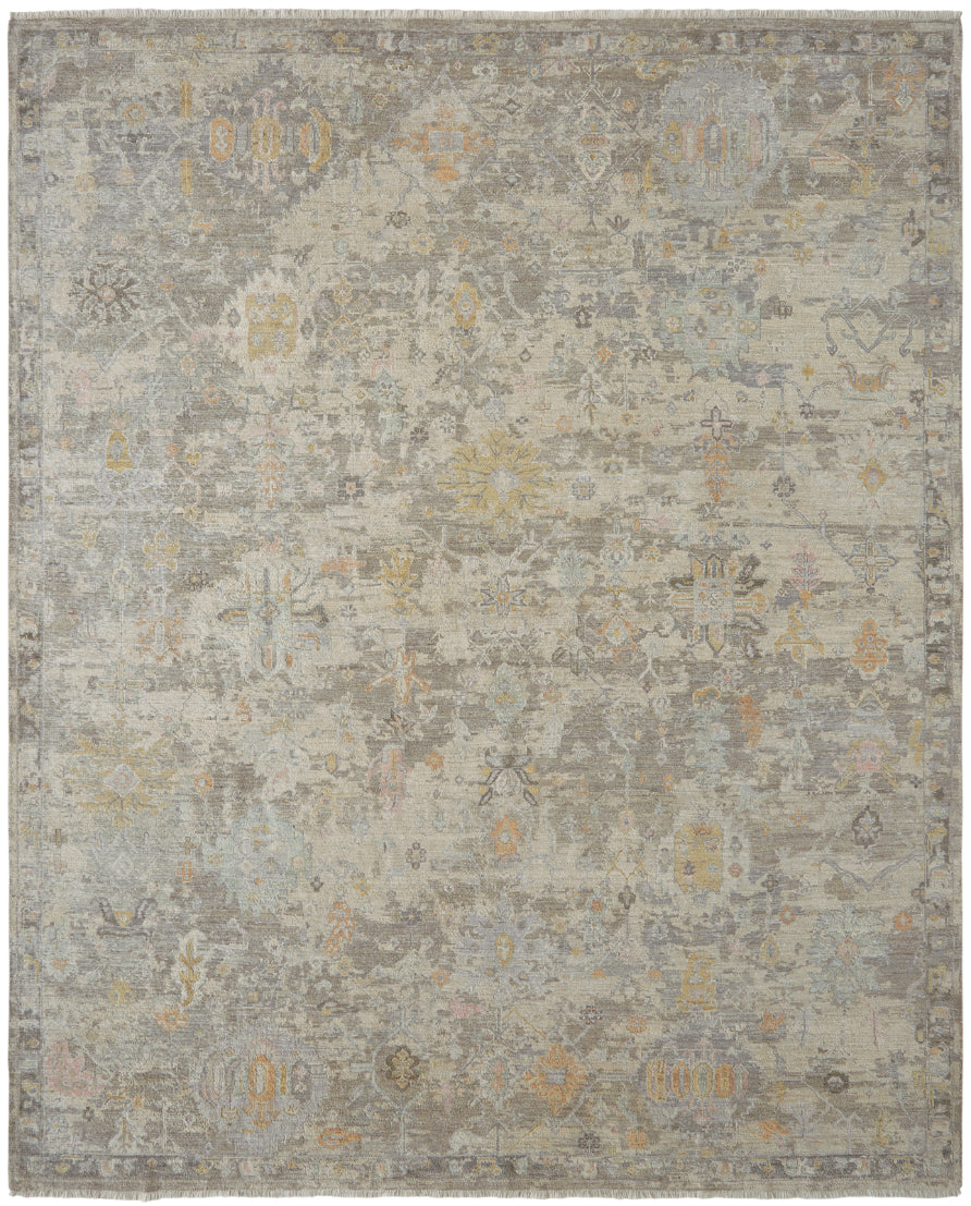 Transitional hand-knotted wool rug in gray and beige, full view