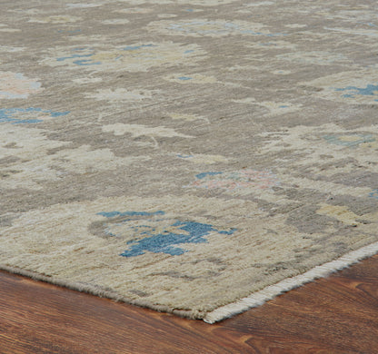 Corner detail, transitional wool rug in gray and beige