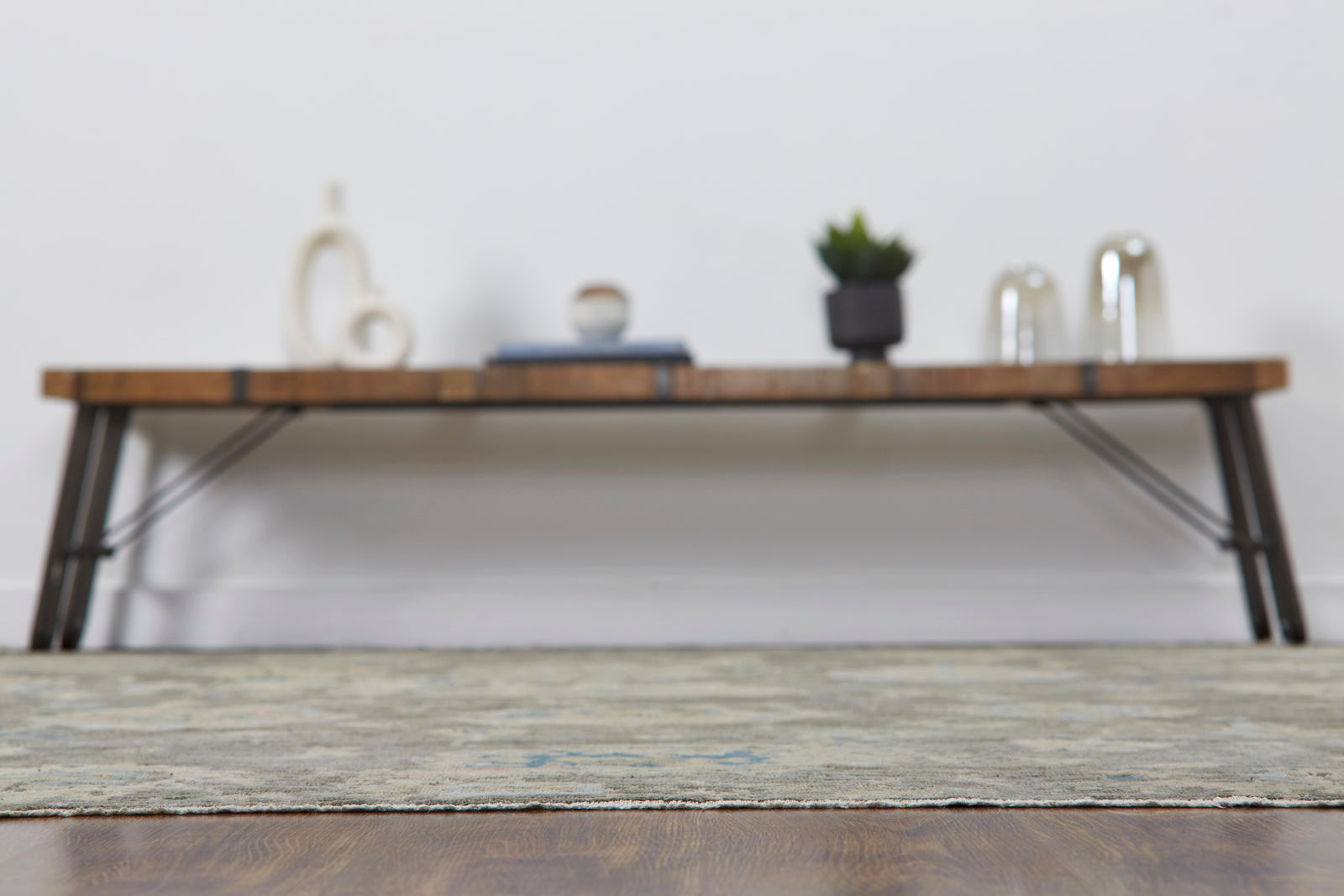 Gray and beige transitional wool rug in room setting