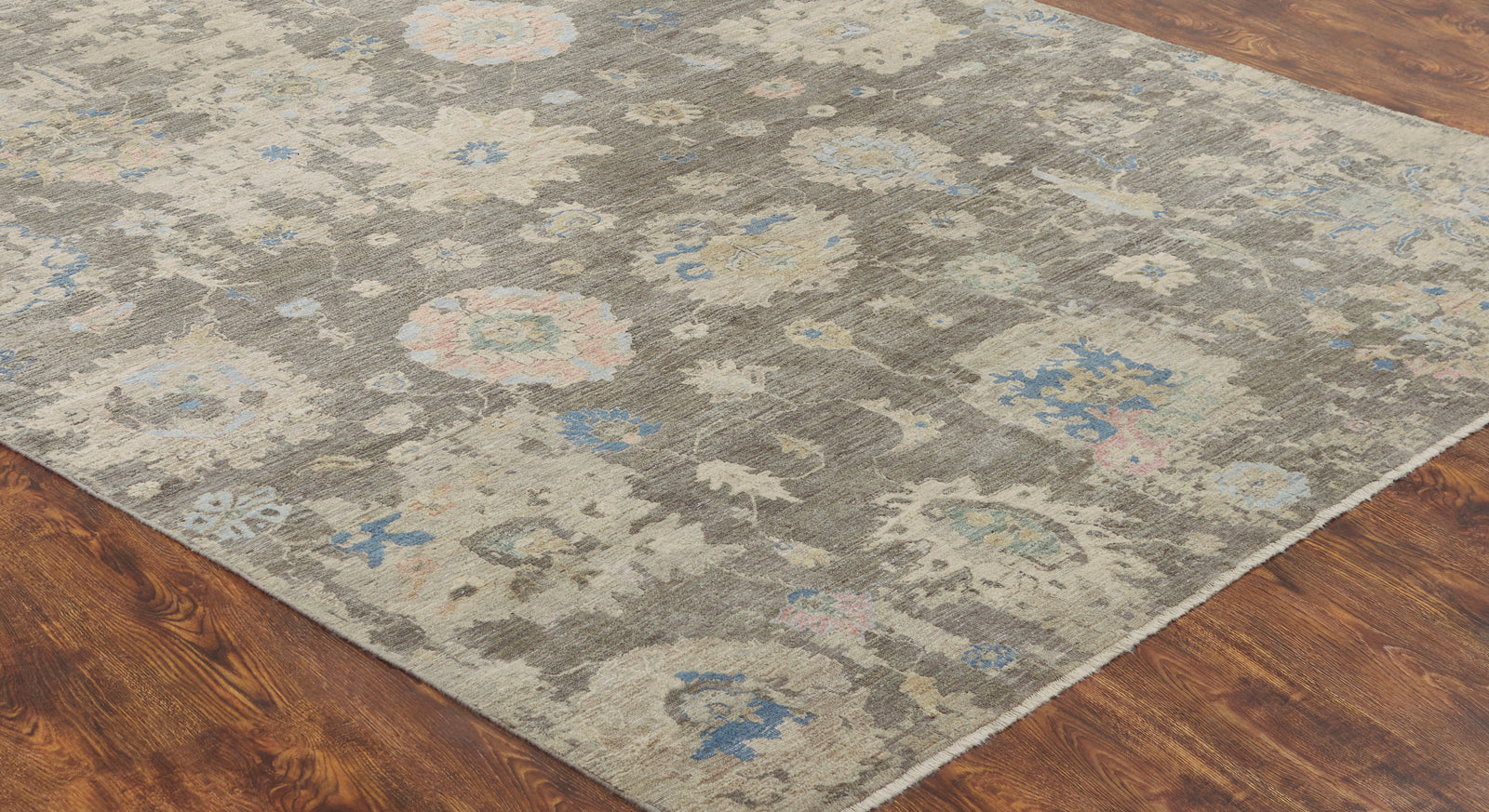 Round shape option, transitional wool rug in gray and beige