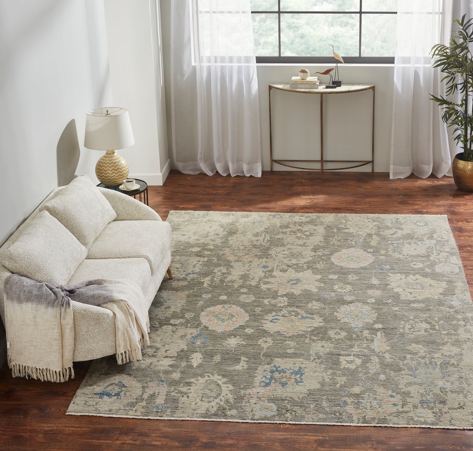 Square shape option, transitional wool rug in gray and beige