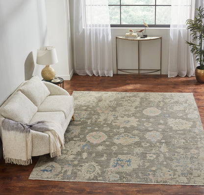 Square shape option, transitional wool rug in gray and beige