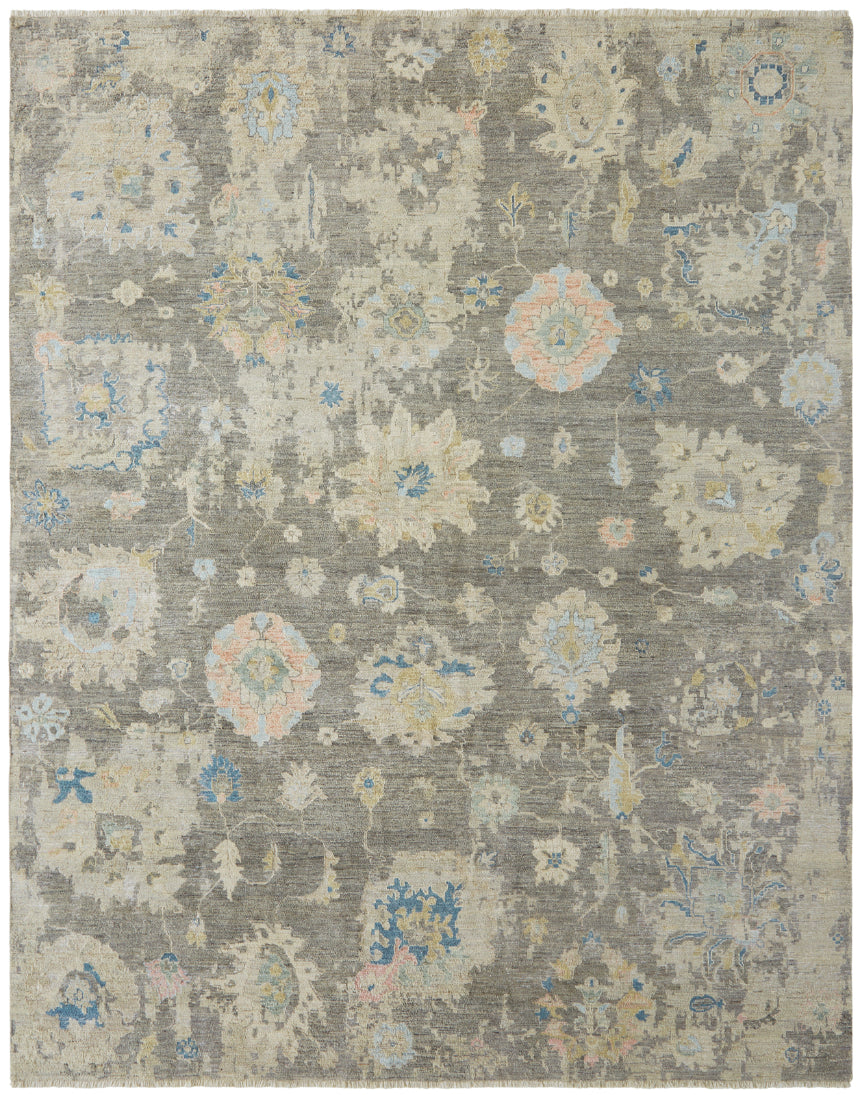 Transitional hand-knotted wool rug in gray and beige, full view