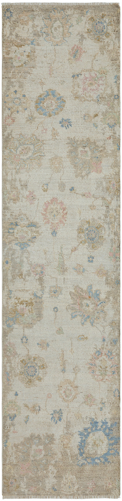 Corner detail, transitional wool rug in beige and gray