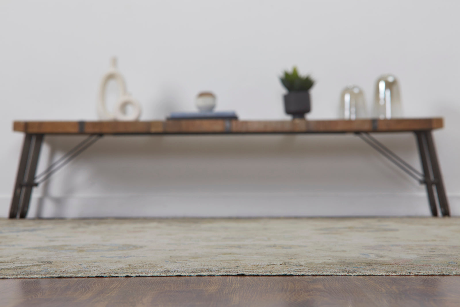 Beige and gray transitional wool rug in room setting