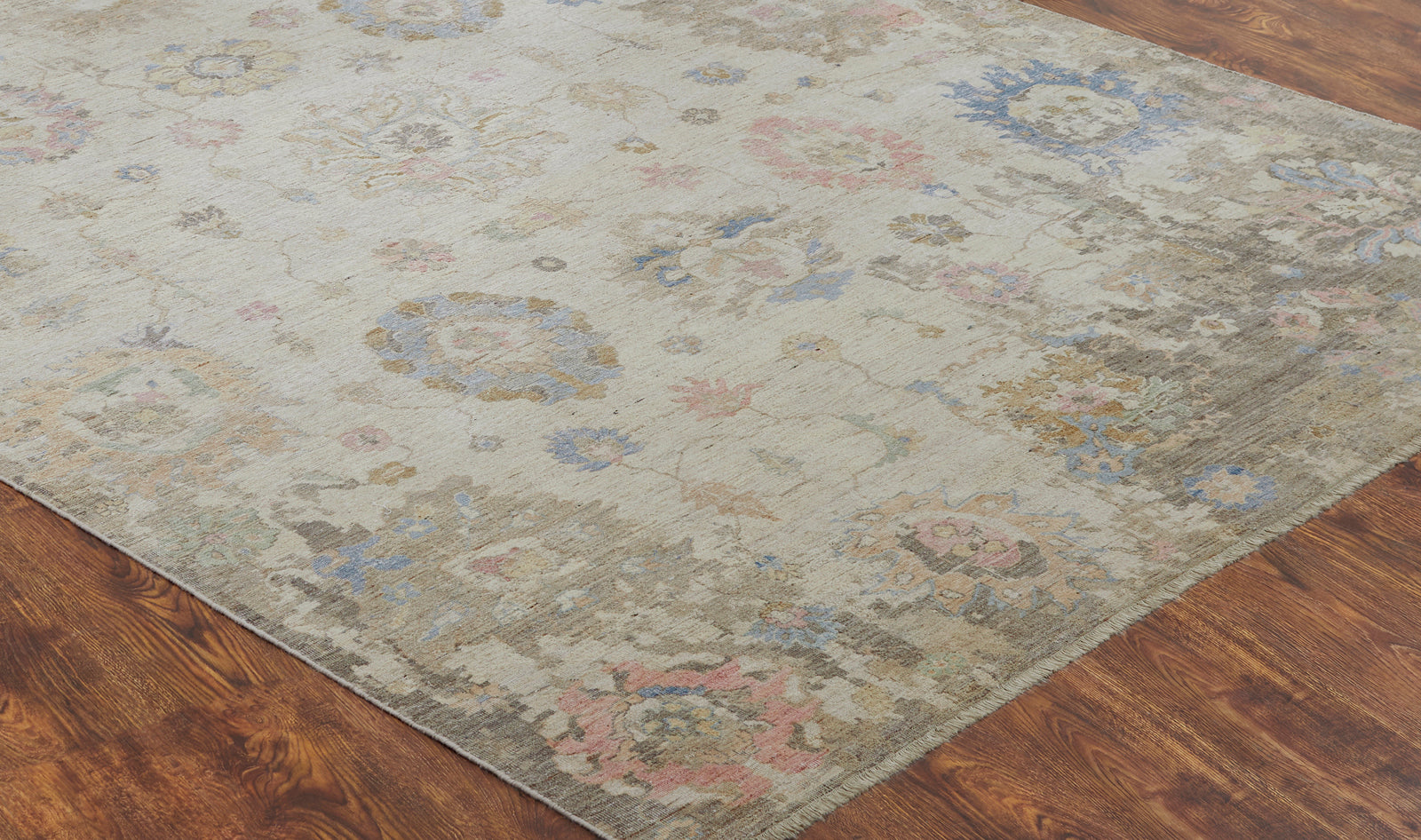 Round shape option, transitional wool rug in beige and gray