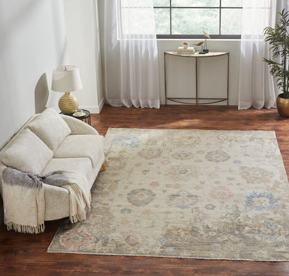 Square shape option, transitional wool rug in beige and gray