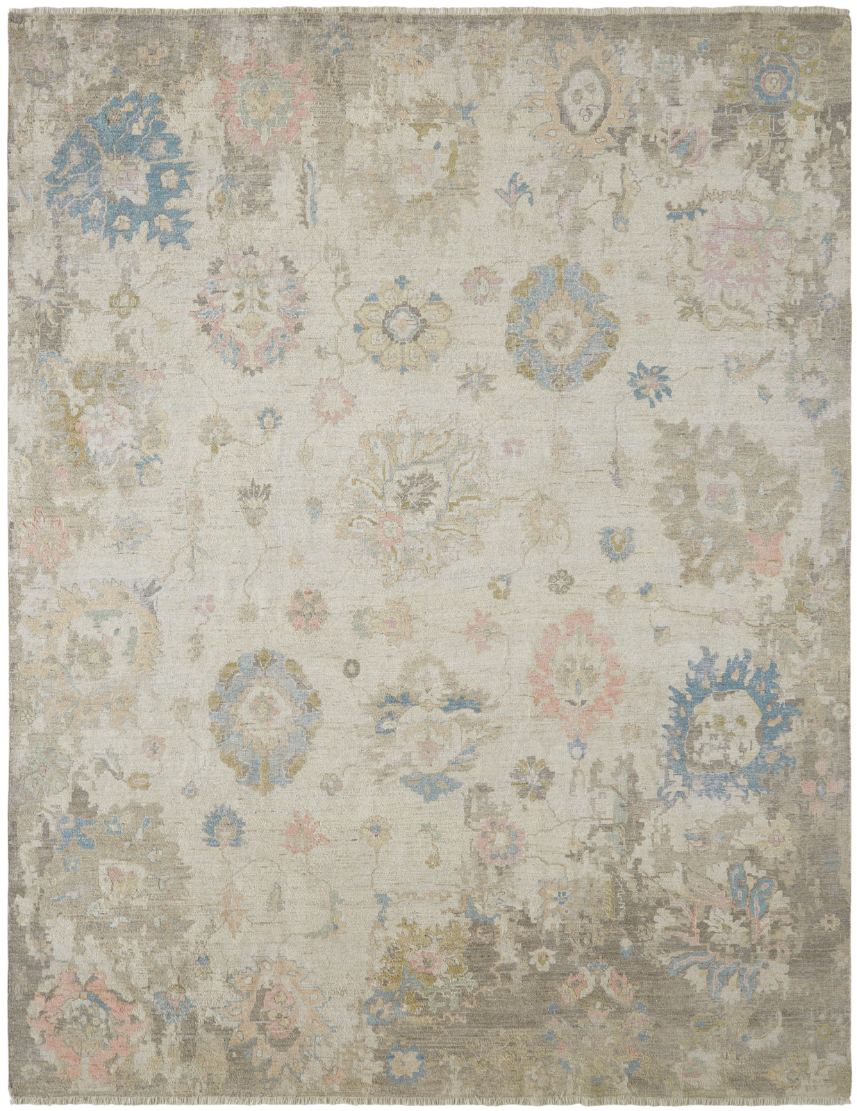 Transitional hand-knotted wool rug in beige and gray, full view
