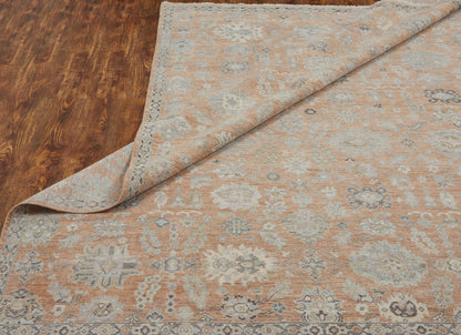 Additional detail view, transitional wool rug in dusty orange and beige
