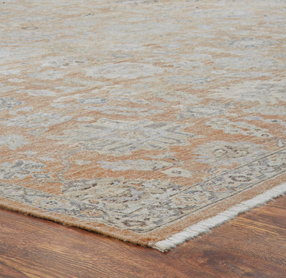 Corner detail, transitional wool rug in dusty orange and beige