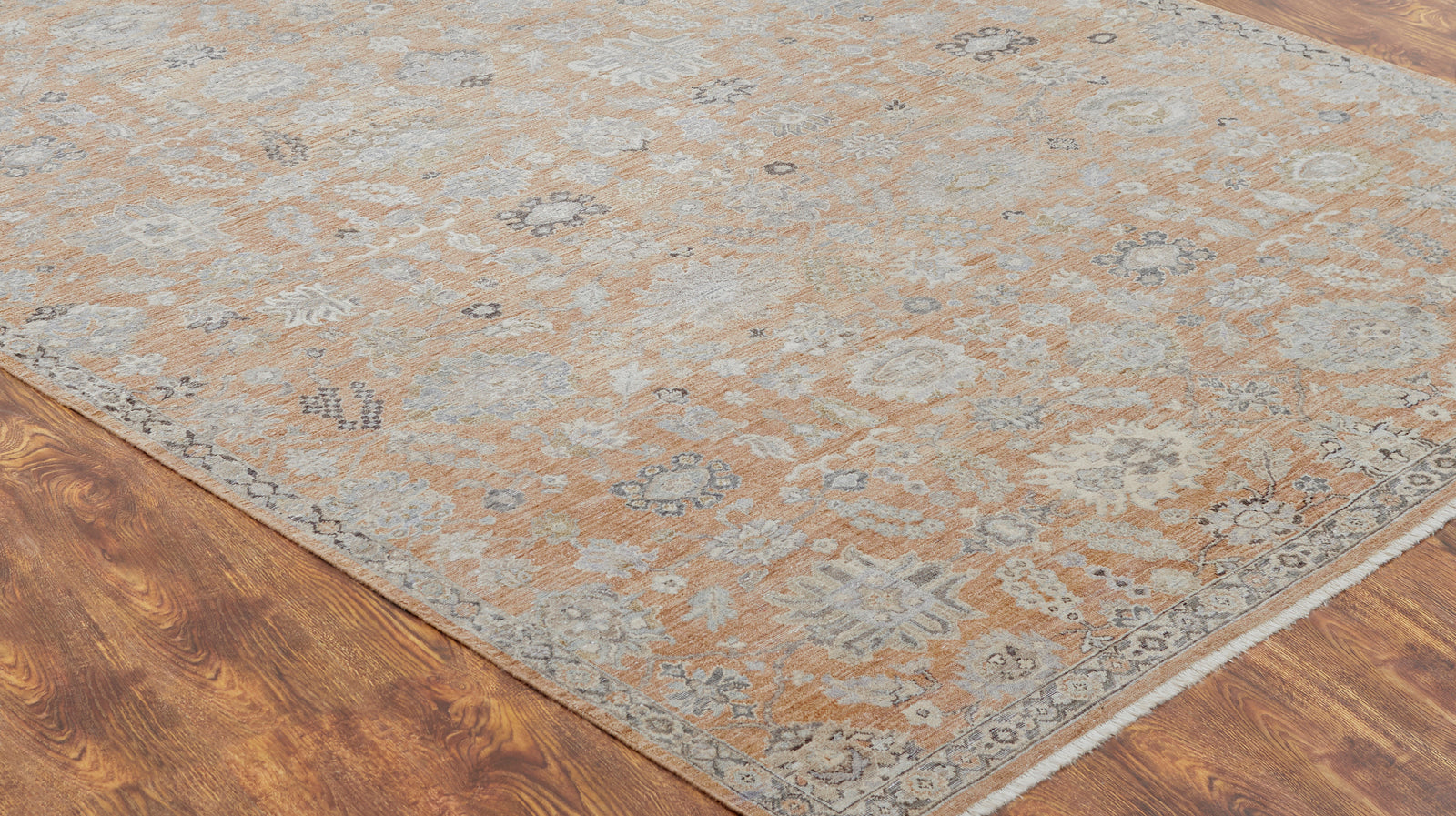Round shape option, transitional wool rug in dusty orange and beige