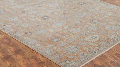 Round shape option, transitional wool rug in dusty orange and beige