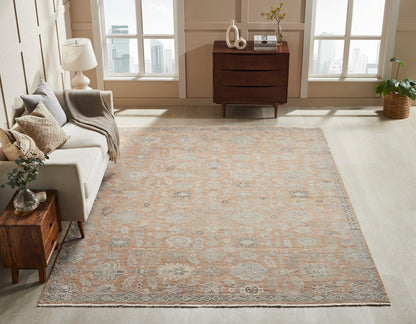 Square shape option, transitional wool rug in dusty orange and beige